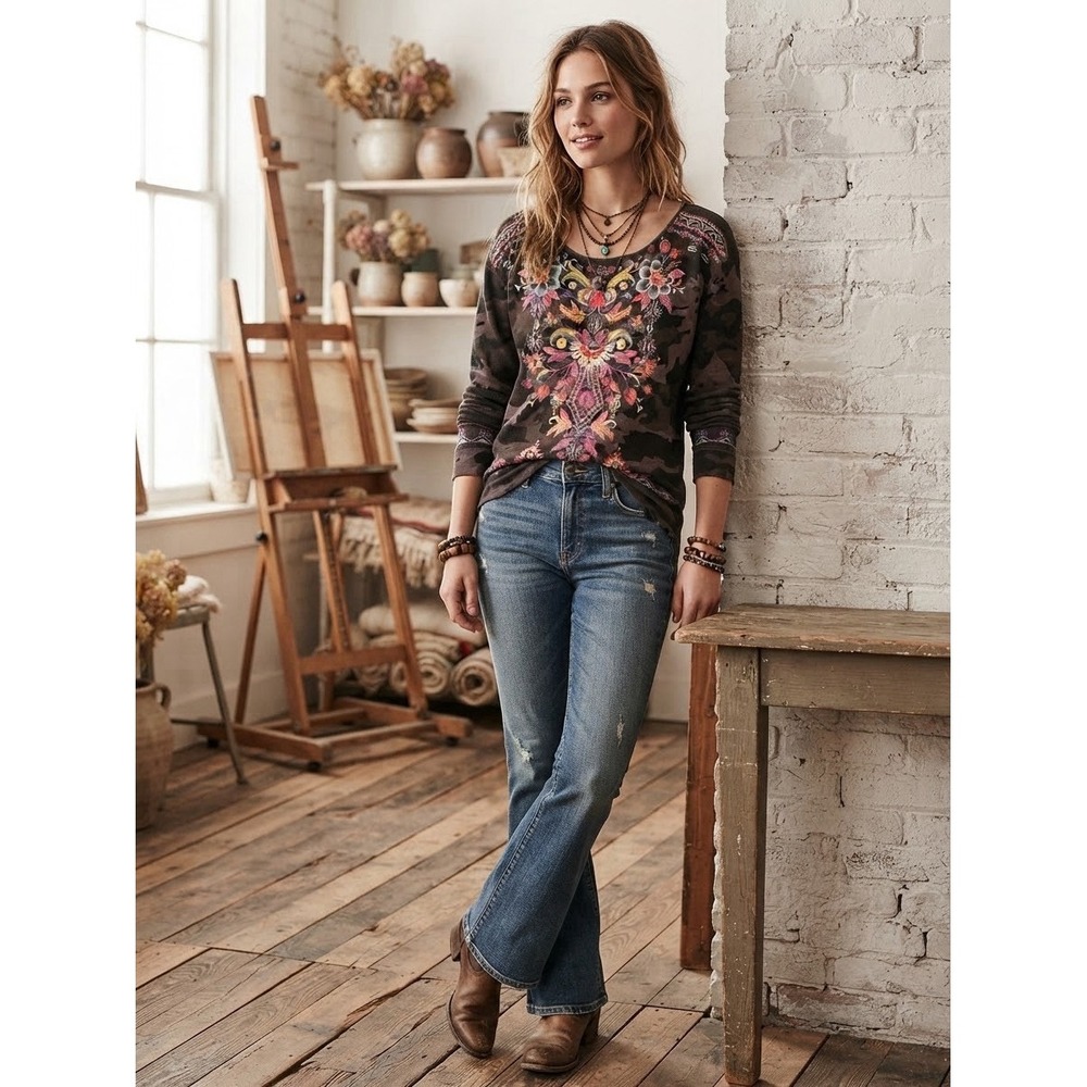 Johnny Was LA Workshop Embroidered Thermal Top Women's M Camo Floral Waffle Boho